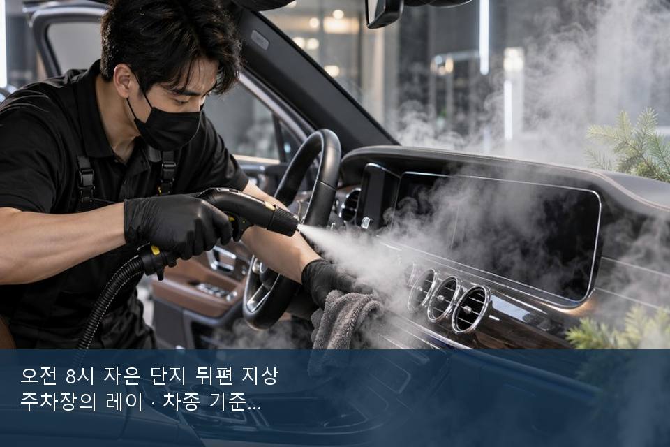 오전 8시 자은 단지 뒤편 지상 주차장의 레이 · 차종 기준 금액